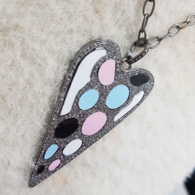 Beautifully Designed Pave Diamond Heart Pendent With Multi Color Enamel