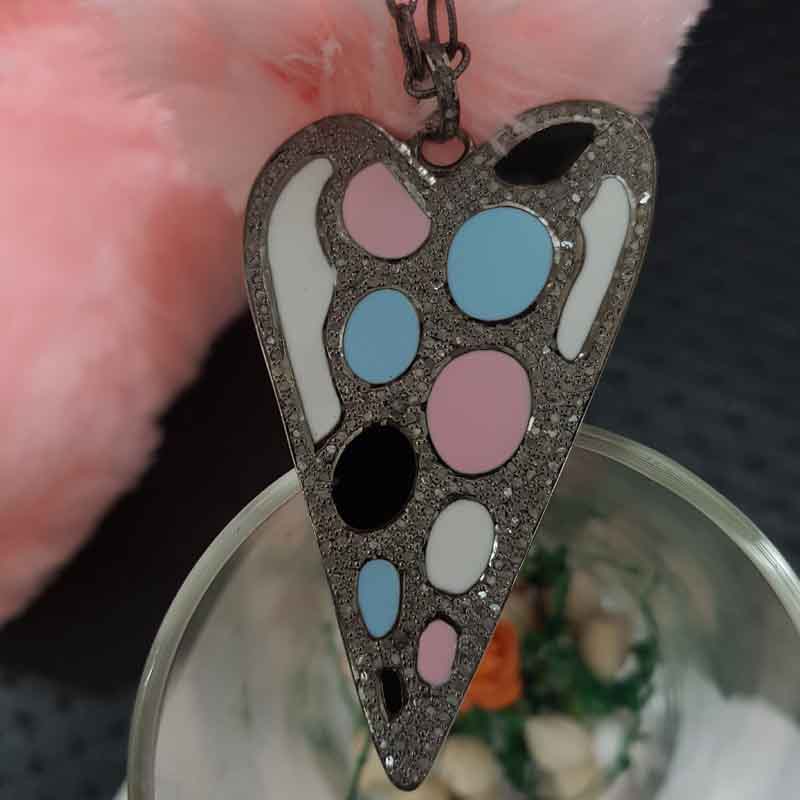 Beautifully Designed Pave Diamond Heart Pendent With Multi Color Enamel