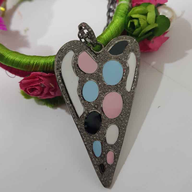 Beautifully Designed Pave Diamond Heart Pendent With Multi Color Enamel