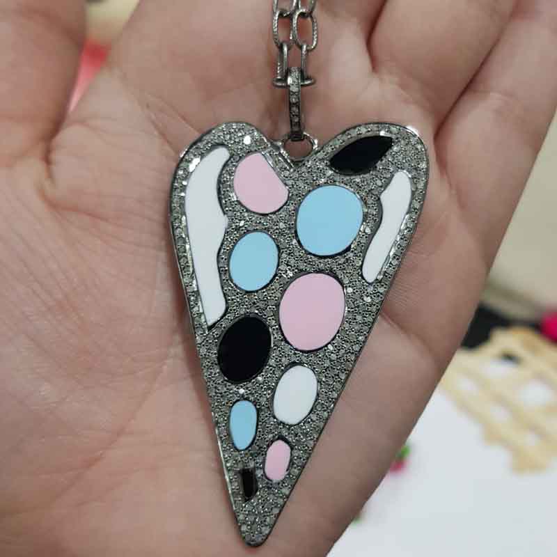 Beautifully Designed Pave Diamond Heart Pendent With Multi Color Enamel