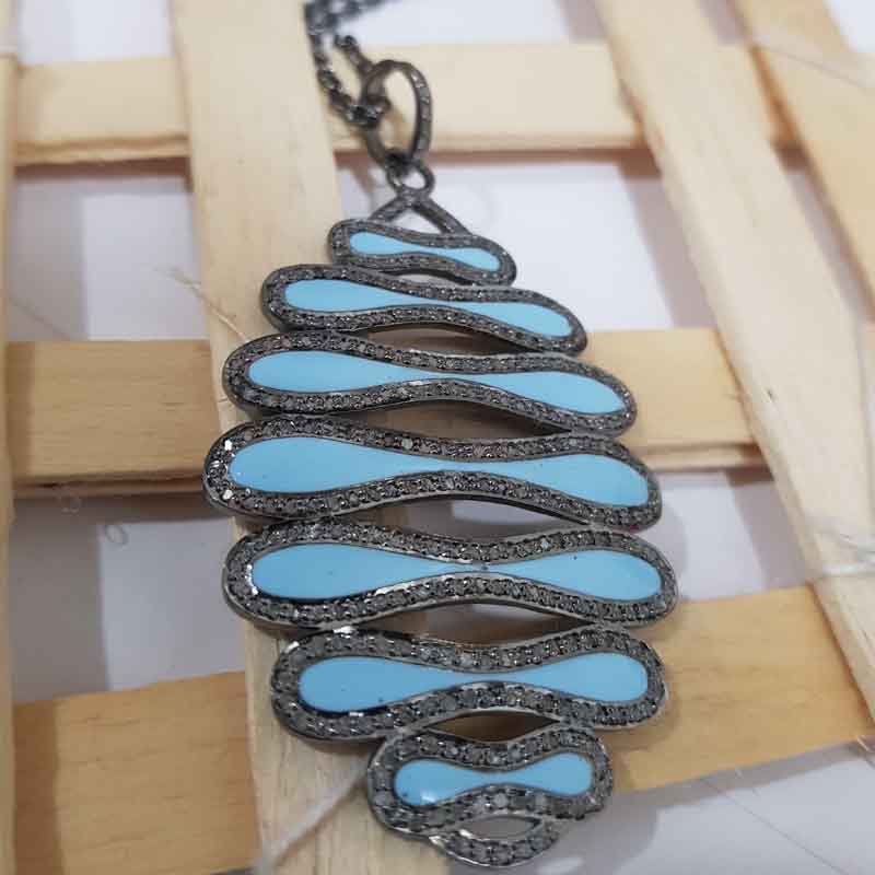 Turquoise Enamel Pave Diamond Fancy Designer Zigzag Pendent