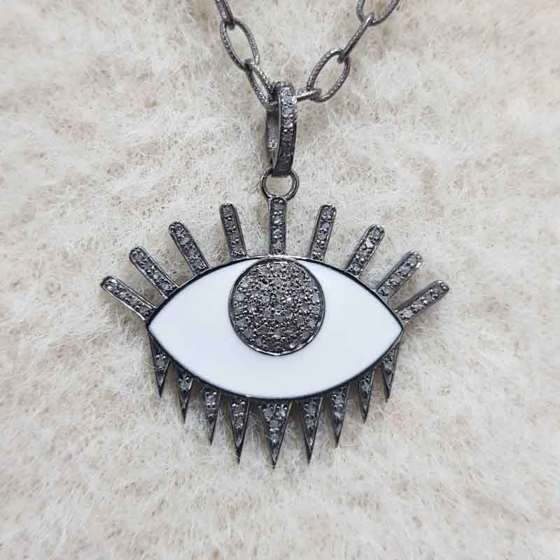 Stunning Evil Eye Designer White Enamel And Pave Diamond Pendent