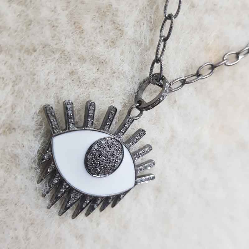 Stunning Evil Eye Designer White Enamel And Pave Diamond Pendent