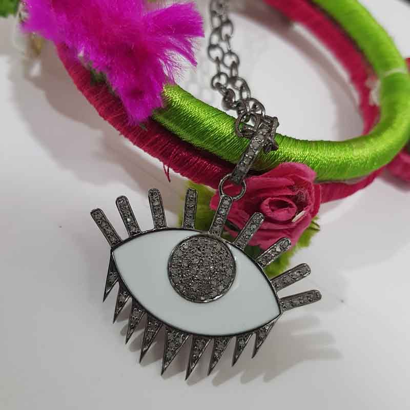 Stunning Evil Eye Designer White Enamel And Pave Diamond Pendent