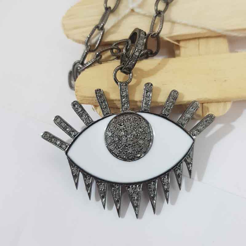 Stunning Evil Eye Designer White Enamel And Pave Diamond Pendent