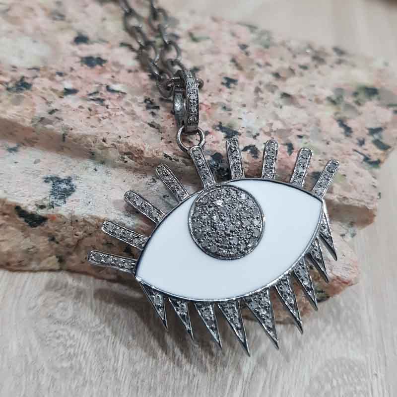 Stunning Evil Eye Designer White Enamel And Pave Diamond Pendent