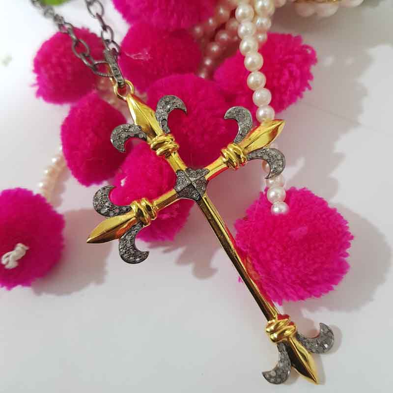 Yellow And Black Glorious Cross Pendent With Pave Layers