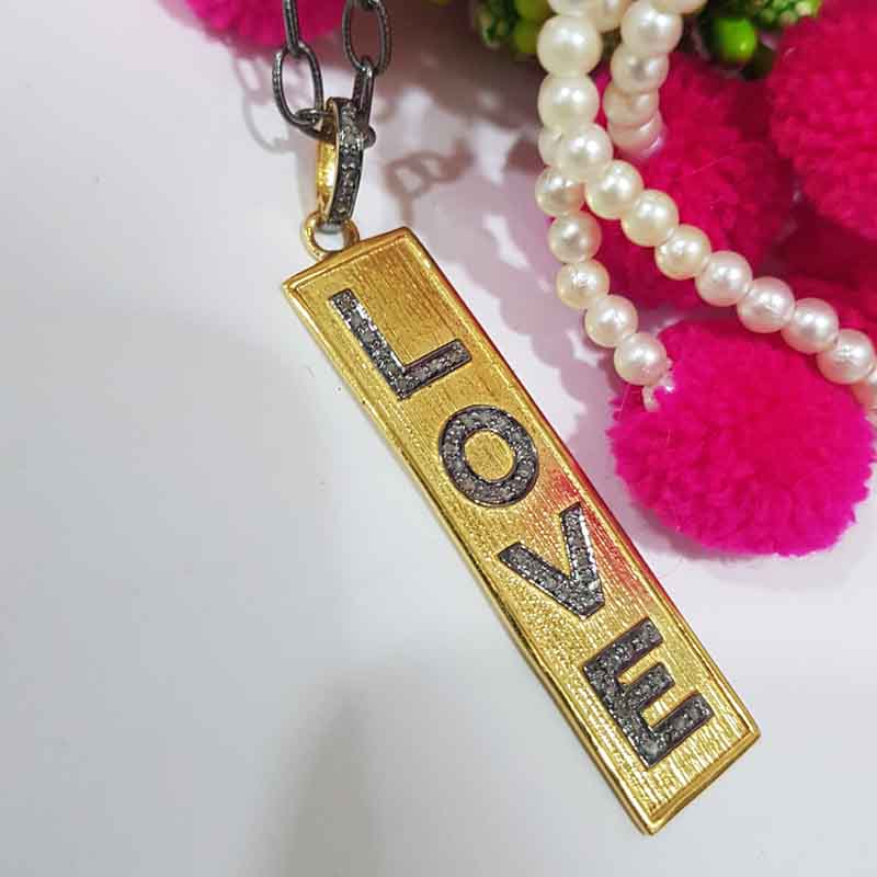 Two Tone Love Tag Pendent With Pave Diamond Layers