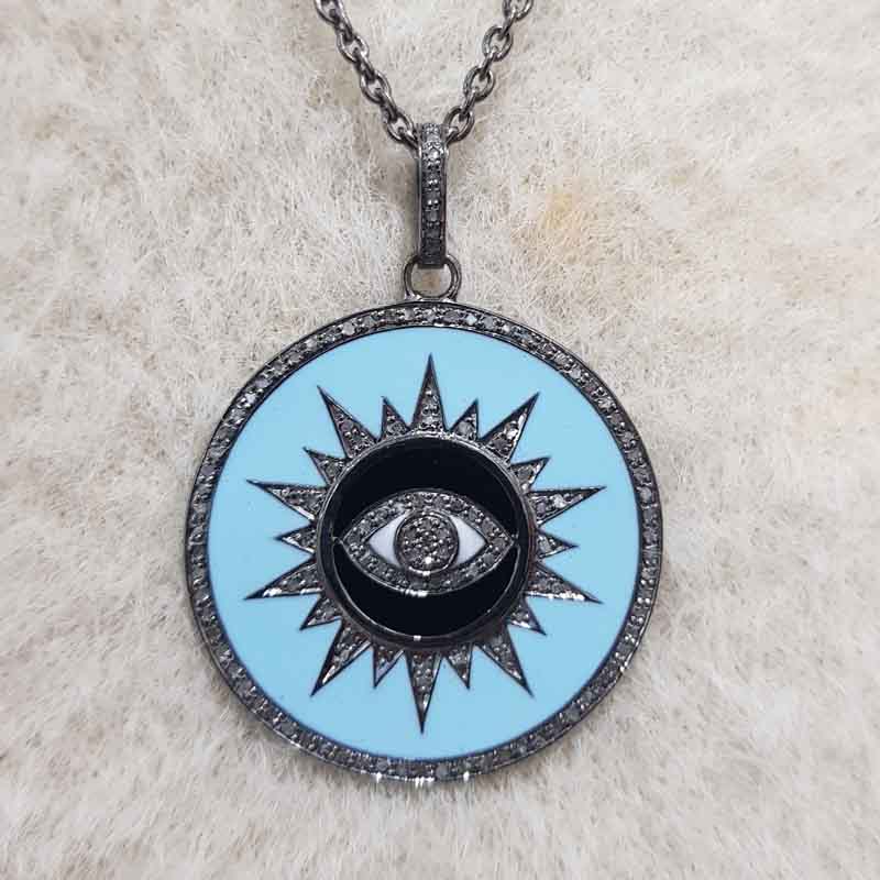 Evil Eye Sunburst In Round Disk Pendent With Pave Layers And Enamel