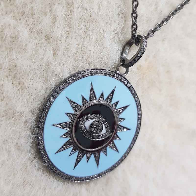 Evil Eye Sunburst In Round Disk Pendent With Pave Layers And Enamel