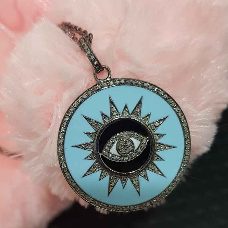 Evil Eye Sunburst In Round Disk Pendent With Pave Layers And Enamel