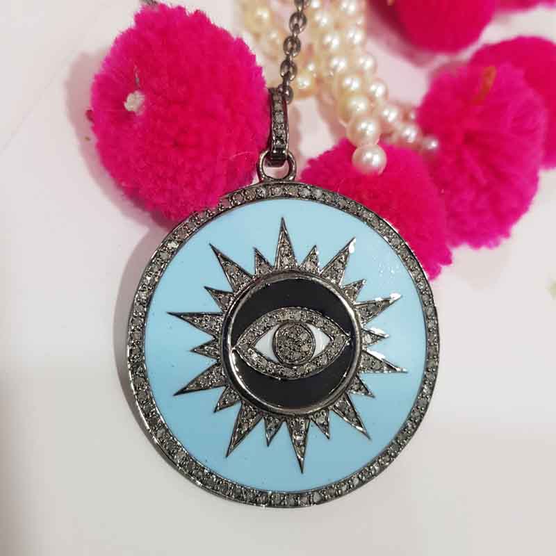 Evil Eye Sunburst In Round Disk Pendent With Pave Layers And Enamel