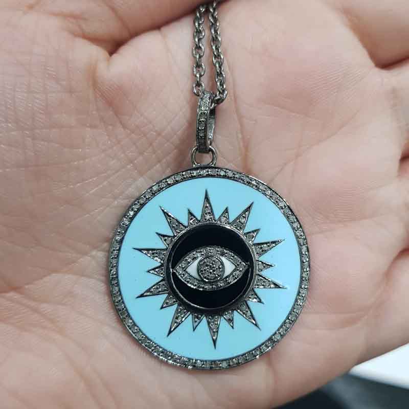 Evil Eye Sunburst In Round Disk Pendent With Pave Layers And Enamel