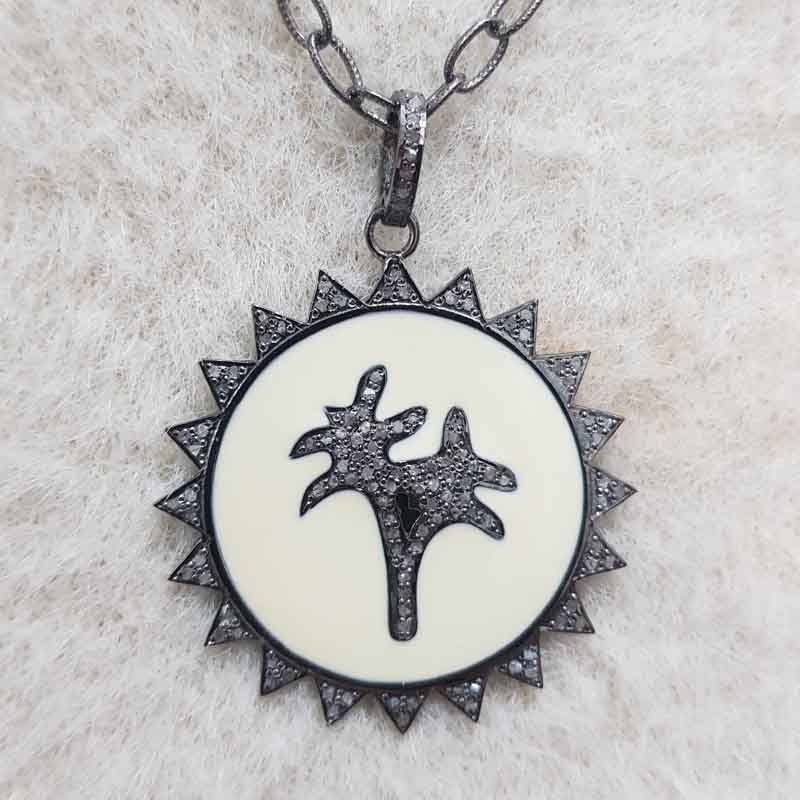 Cream Enamel Beautiful Sunburst Style With Tree Designer Pave Diamond Pendent