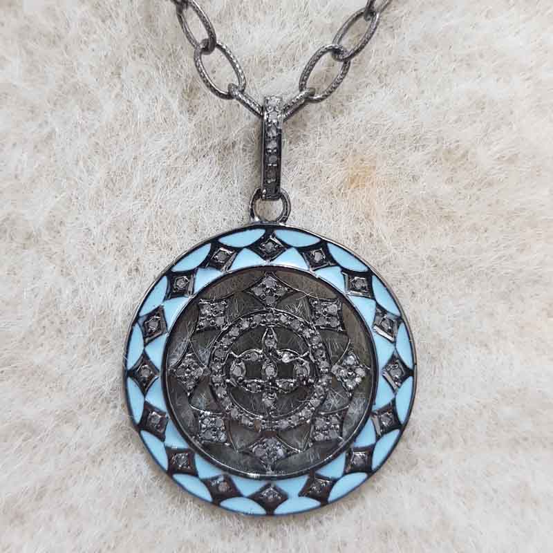 Turquoise Enamel Fancy Designer 925 Sterling Silver Pave Diamond Pendent