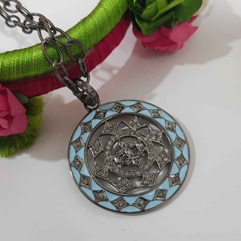 Turquoise Enamel Fancy Designer 925 Sterling Silver Pave Diamond Pendent