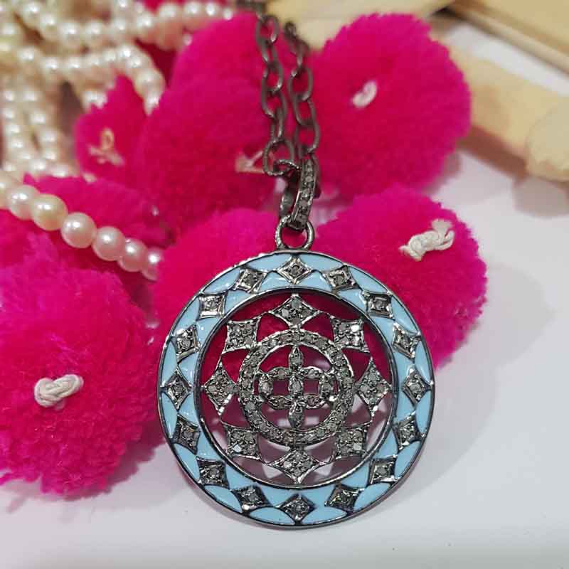 Turquoise Enamel Fancy Designer 925 Sterling Silver Pave Diamond Pendent