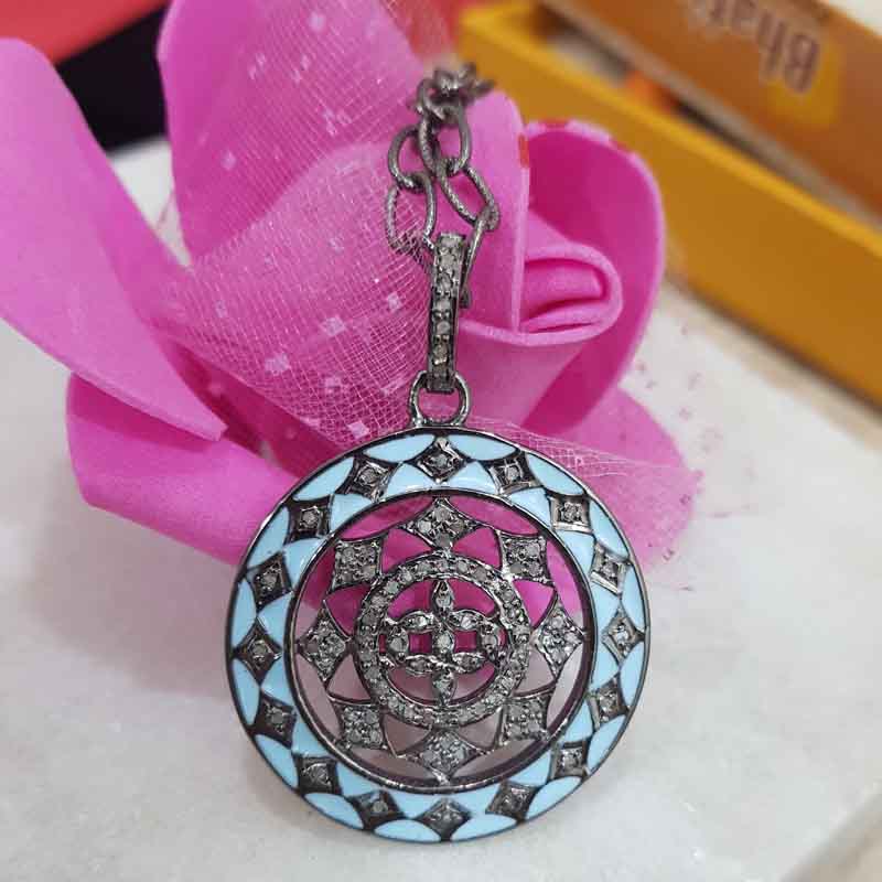 Turquoise Enamel Fancy Designer 925 Sterling Silver Pave Diamond Pendent