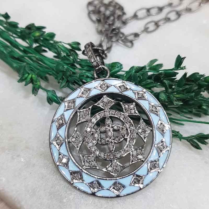 Turquoise Enamel Fancy Designer 925 Sterling Silver Pave Diamond Pendent