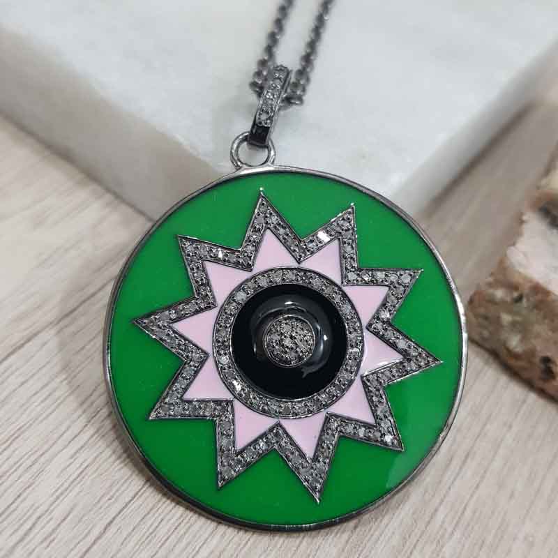 Round Disk Starburst Designer With Enamel And Pave Layers