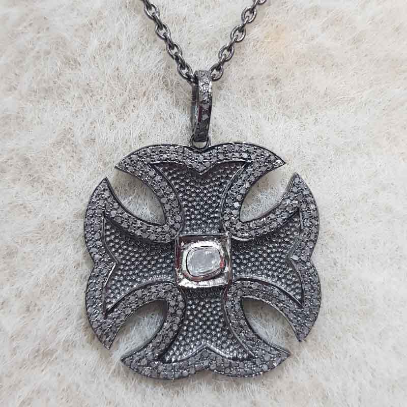 Stunning Cross Designed Pendent With Pave Diamond And Polki