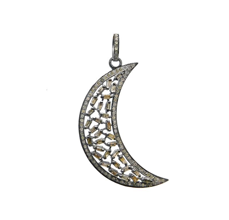 Baguette & Pave Diamond Designer Moon Pendant