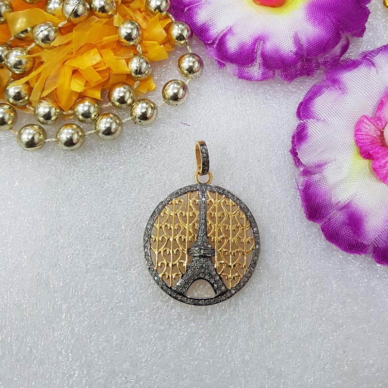 Round Designer Fancy Eiffel Tower Style Pendent With Pave Diamond