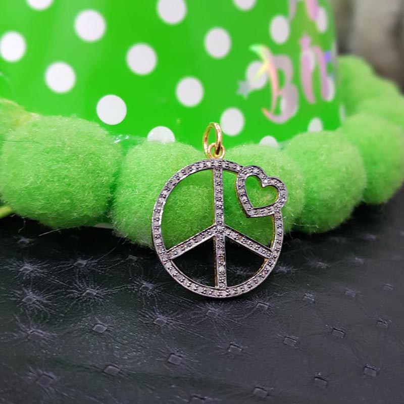 Beautiful Designer Pave Diamond Handmade 925 Sterling Silver Peace Pendent Joined Heart