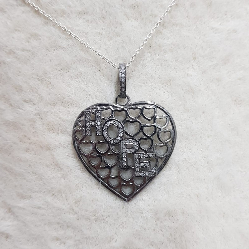 Elegant Two Tone Heart Pendant With Pave Diamond HOPE Layer