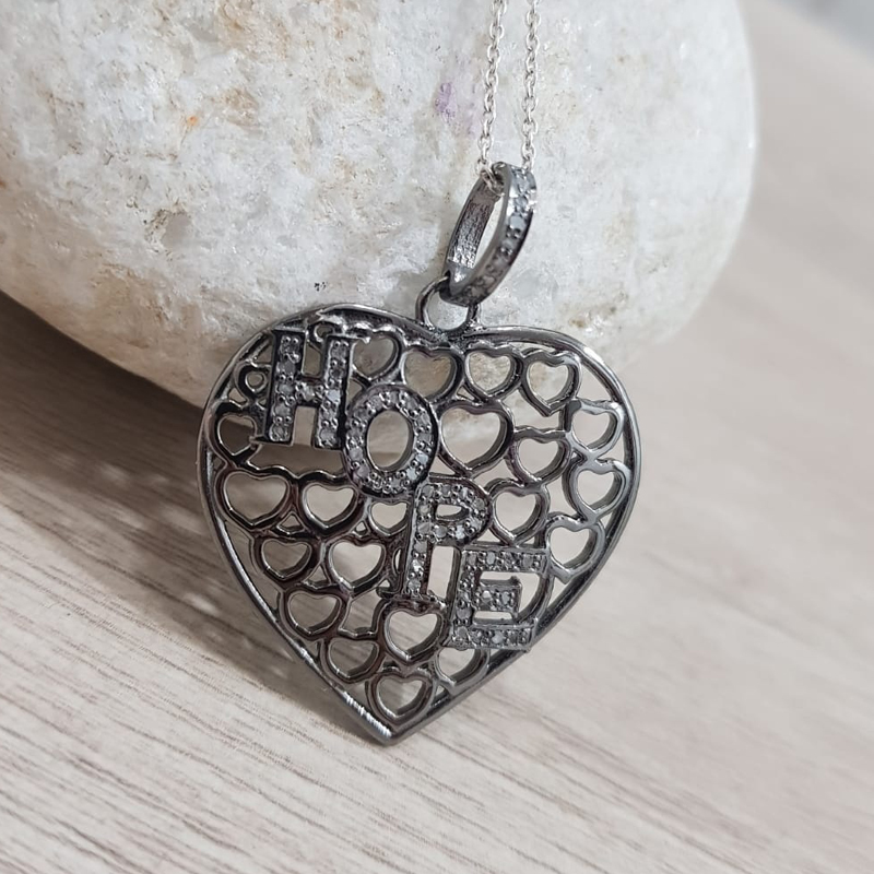 Elegant Two Tone Heart Pendant With Pave Diamond HOPE Layer