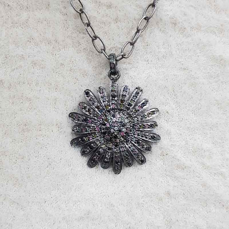 Fancy Flower Pendent With 925 Sterling Silver & Tourmaline Stone