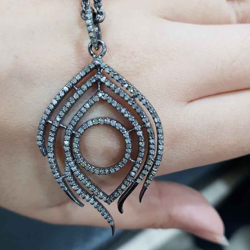 Handmade Designer Peacock Feather Pendent With Pave Diamond Layers